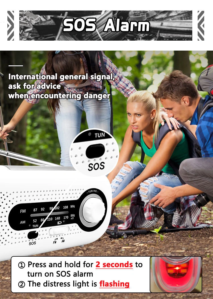 Emergency Hand Crank Self Powered Am/FM Solar Weather Radio with LED Flashlight 2000mAh Power Bank for Mobile Phone Charge